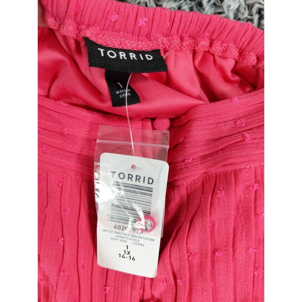 Torrid Womens Cottagecore Tiered Tank Top 1X Pink Swiss Dot Crinkle Gauze NEW - Picture 6 of 8